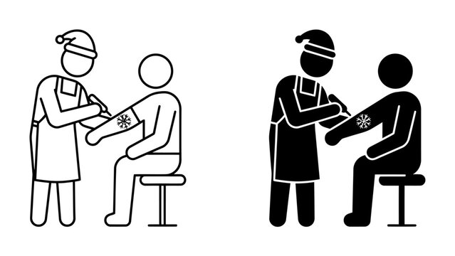 Vaccination Celebration: A cheerful stick figure donning a festive Santa hat administers a vaccine to another, symbolizing a healthy and joyful holiday season, perhaps a Christmas flu shot.