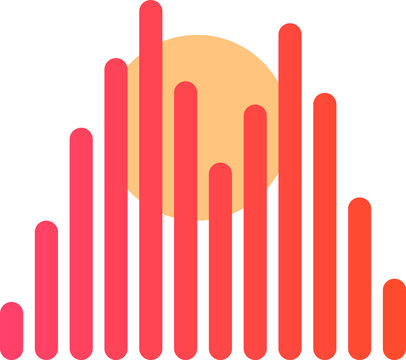 Abstract mountain peak graphic featuring red vertical sound equalizer bars and a warm sunset circle