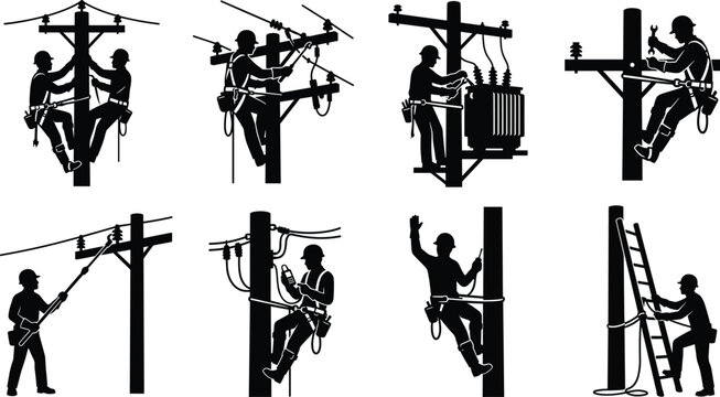 Electrical Line Worker Silhouette Icon Set Featuring Utility Pole Maintenance, Safety Gear, and Repair Activities