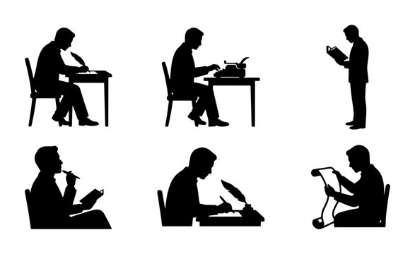 Writer Silhouettes Collection: Vintage Writing, Typing, Reading, and Dictation Poses, 6 Elements Vector Set for Creative Projects