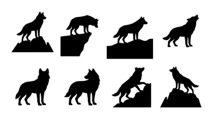 Fototapeta premium Wolf Silhouettes Collection: Wild Canine Poses, Nature Elements, Graphic Vector Set for Wildlife Design
