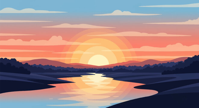Flat vector illustration of a scenic sunset over a winding river with forest silhouettes and mountain ranges under a warm gradient sky with orange, pink, and peach clouds.