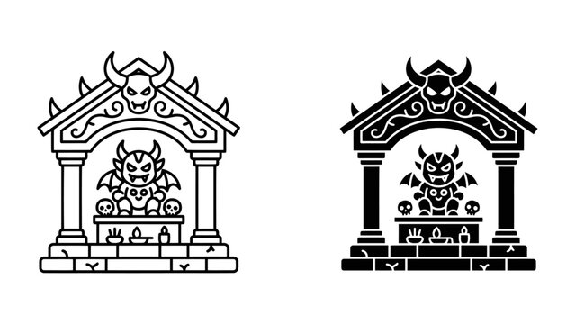 Demonic Altar Icon: Two stylized icons depict a demonic figure on an altar, framed by architectural elements featuring skulls and horns. One icon is in black and white, the other in silhouette.