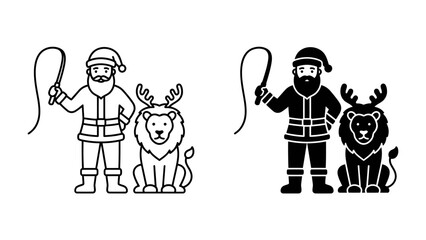 Christmas Circus Performer and Lion Duo: A stylized depiction of a circus ringmaster, resembling Santa Claus, stands beside a majestic lion with impressive antlers, holding a whip. © Mohammad