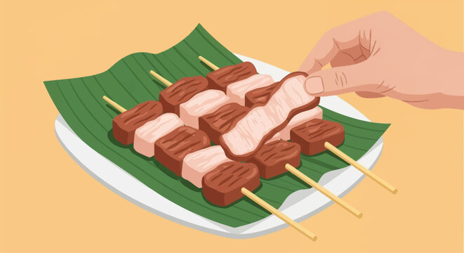 Flat vector illustration of Thai street food moo ping grilled pork skewers on wooden sticks served on a banana leaf and plate with a human hand picking one skewer up
