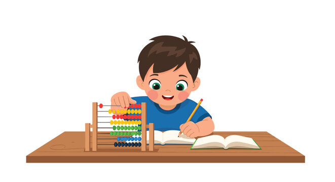 Smart young boy sitting at a desk and using a colorful abacus to learn mathematics while writing in his notebook.