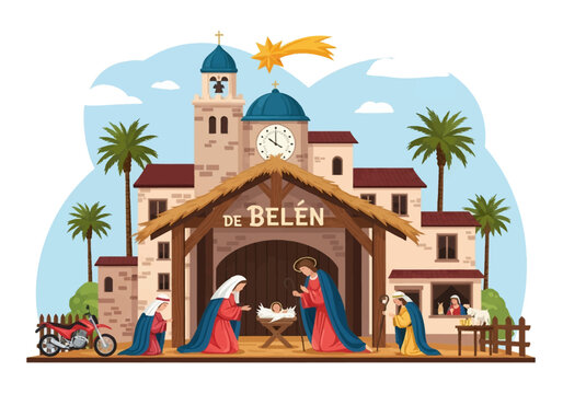 Detailed vector illustration of a nativity scene with Mary, Joseph, and baby Jesus in a stable, featuring a motorcycle, a church with a clock tower, palm trees, and the Star of Bethlehem.