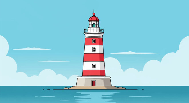 Vector illustration of S&otilde;rve Lighthouse in Saaremaa, Estonia. Red and white striped tower on a rocky base in the sea under a blue sky with stylized clouds and calm water.