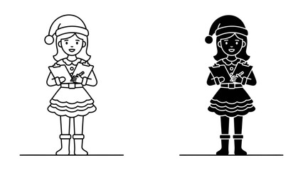 Christmas Elf with List: A charming Christmas elf, depicted in both outline and silhouette, stands ready with a festive hat and a list, perhaps for Santa's workshop or holiday wishes. © Asma