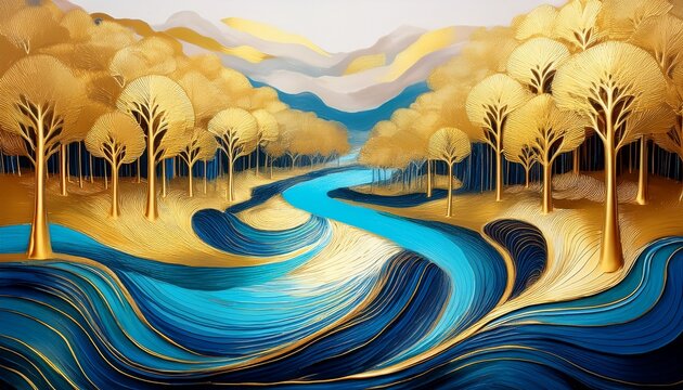 golden trees and sapphire like rivers symbolize forest resource conservation and water resource protection arbor day decorative painting desertification control earth day