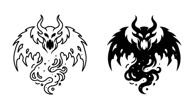 Hellish Creature: A menacing creature with horns and wings, depicted in both outline and solid black, emanates an ethereal, smoky aura.