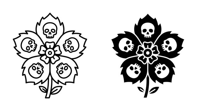 Skull Flower Design: An artistic representation of a flower with skull-shaped petals, presented in both outline and silhouette forms, symbolizing mortality and nature's cycle.