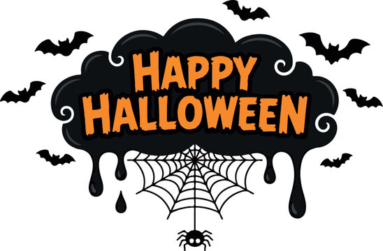Happy halloween greeting with bats spider web and spooky clouds
