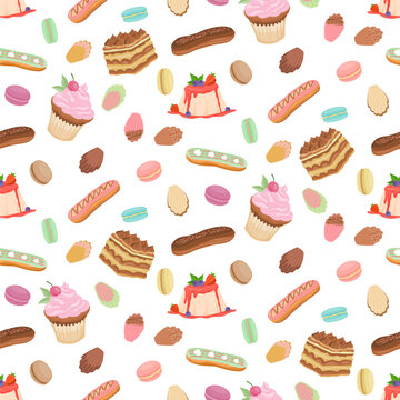 Seamless vector pattern with assorted colorful desserts, pastries and French sweets. Cupcakes, macarons, eclairs, cakes and pudding on white background. Cute bakery design.