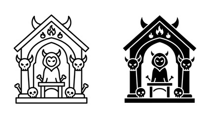 Demonic Altar Icon: A striking icon depicting a demonic figure seated at an altar within a gothic structure, adorned with skulls and flames. © Mst