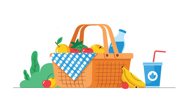 Charming picnic basket made of wicker is overflowing with fresh fruit and a bottle of water on a blue checkered cloth in the park.