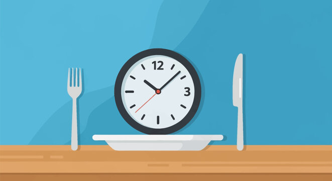 Flat vector illustration of a round analog clock placed on a white ceramic plate flanked by a silver fork and knife on a wooden table surface against a blue background wall.