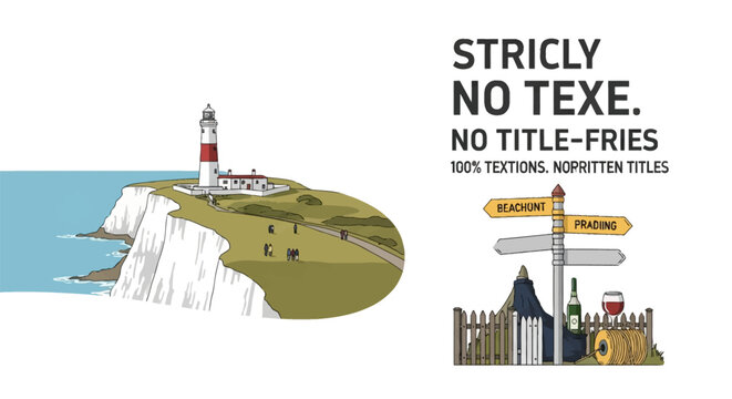 Vector illustration of Beachy Head lighthouse on white chalk cliffs with tourists on paths, featuring a directional signpost, wine bottle, glass, and graphic text elements.