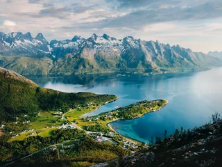 Northern Norway landscape aerial view sea and mountains tranquil nature scenery of Neverdal village in Meloy in Scandinavia summer season travel beautiful destinations © EVERST