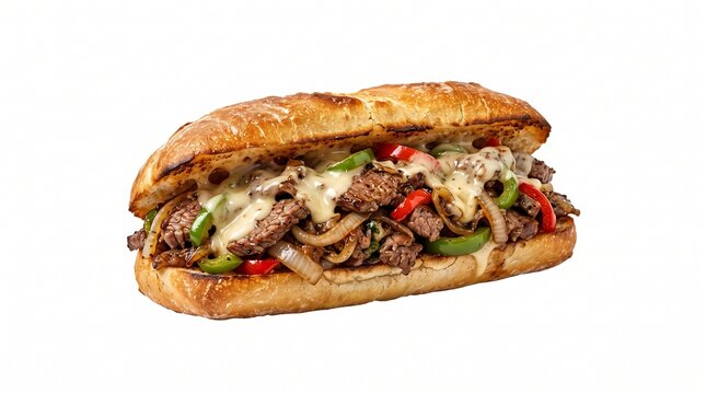 Philly cheesesteak sandwich with sliced beef, saut&eacute;ed bell peppers, onions, and melted cheese on a baguette.