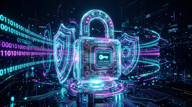 A futuristic 3D abstract background of a giant digital padlock surrounded by glowing data particles, cyber security and data protection concept, generative AI