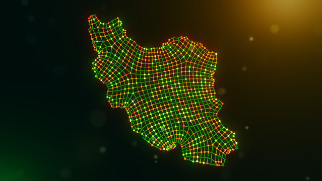 Abstract Iran map formed by wavy interconnected nodes and lines over a glowing green yellow orange bokeh background, symbolizing digital infrastructure and intelligent connectivity.