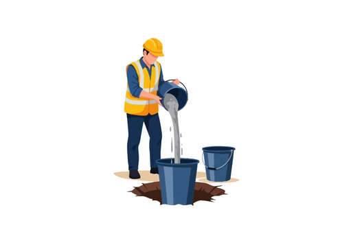 Vector illustration of a construction worker wearing a yellow hard hat and high-visibility safety vest pouring wet concrete from a blue bucket into another bucket inside a hole.