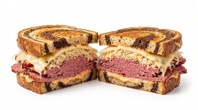 Classic Reuben sandwich with sliced corned beef, Swiss cheese, sauerkraut, and dressing on toasted marbled rye.