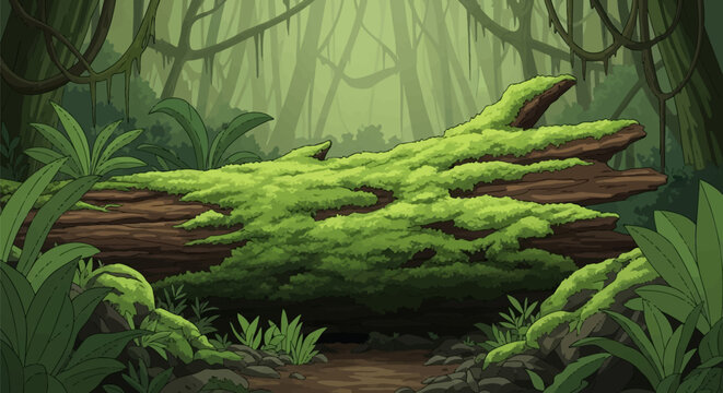 2D vector illustration of a weathered ancient fallen tree log heavily covered in vibrant green moss within a dense tropical jungle forest background with vines and foliage.