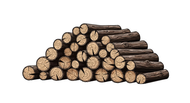 Vector illustration of a stacked pile of cut wooden logs and firewood showing growth rings and rough brown bark textures isolated on a white background for lumber and timber themes.
