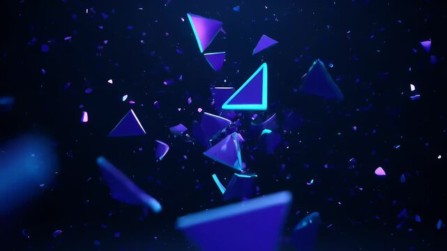 Abstract neon blue and purple geometric shards exploding in dark space