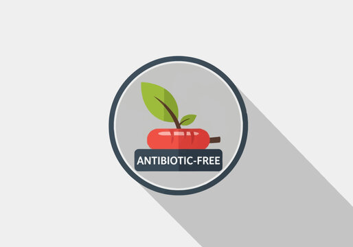 Flat design circular icon featuring a red pill capsule with green leaves growing from the top and a black label with white text reading ANTIBIOTIC-FREE on a light gray background.