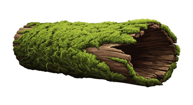 Illustration of a hollowed decaying log overgrown with dense green moss and lichen, showing internal wood texture and dark hollow cavity, isolated on a white background.