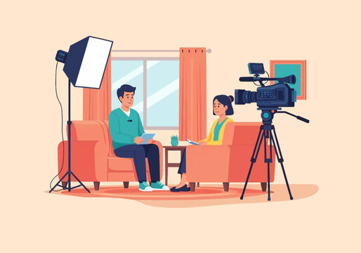 Flat vector illustration of a professional video interview setup in a studio featuring a male and female talent sitting in armchairs with a tripod camera and softbox lighting.