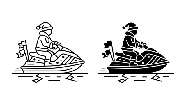 Santa Claus Riding Jet Ski: A festive illustration of Santa Claus wearing a Santa hat, riding a jet ski with decorative flags, symbolizing holiday fun and adventure on the water.
