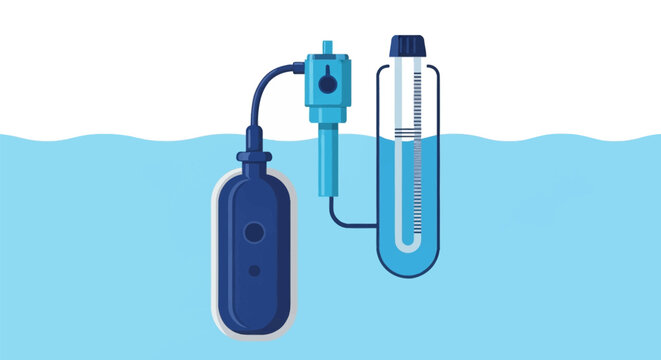 Vector illustration of a water level float switch sensor system including a submerged float, control module, and a vertical graduated gauge for industrial fluid measurement.