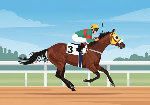 Side view vector illustration of a bay thoroughbred racehorse with a jockey in green and red silks galloping on a dirt track during a competition against a blue sky background.