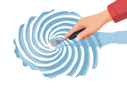 Vector illustration of a hand using a scraping tool to carve a circular swirl design into ice or snow, featuring a red shirt sleeve and blue radial patterns on a white backdrop.