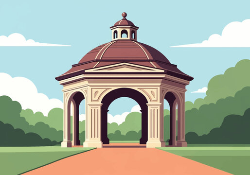Classical stone gazebo with domed roof and cupola located in a public park setting with lush green trees, grass, and clear blue sky. Flat vector illustration of a park rotunda.