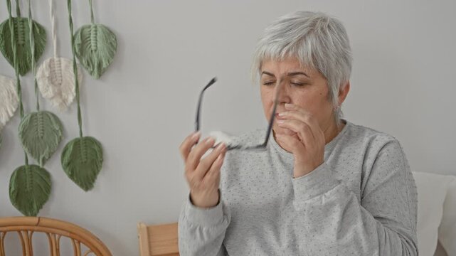 Woman with short gray hair pinches nose with hand while holding glasses, sitting on bed near macrame wall in building; fatigue concern.
