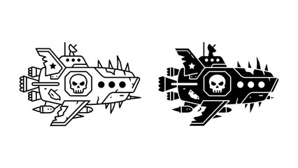 Fantasy Warship Icons: A set of stylized icons featuring a fantasy warship with a skull emblem, equipped with missiles and spikes, presented in both outline and solid black versions. © Ahsan