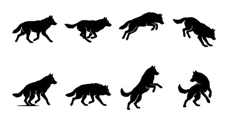 Obraz premium Wolf Silhouette Animation Set, Wild Canine Motion Graphics, Predator Animal Poses Vector Pack, Hunting Dog Action Icons