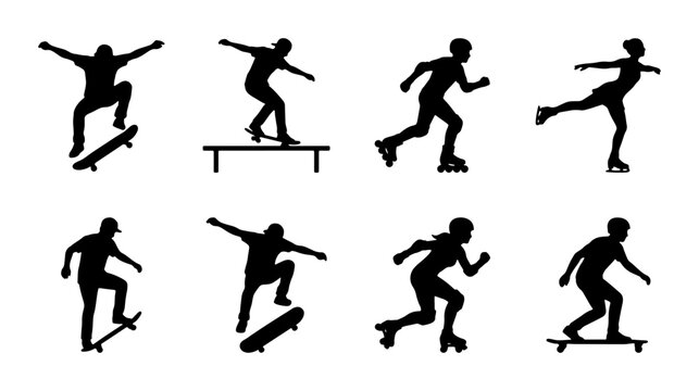 Skateboarding and Rollerblading Silhouettes, Action Sports Figures, Dynamic Poses, Urban Lifestyle Vector Icons