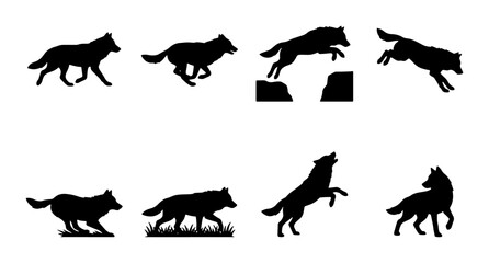 Obraz premium Wolf Silhouette Icon Set, Canine Animal Poses Vector Graphics, Wild Predator Action Collection, Nature Wildlife Design Elements