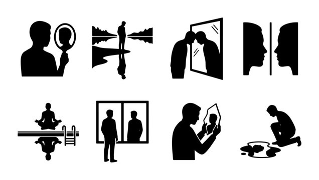 Self Reflection Icons, Silhouette Figures Contemplating Identity, Inner Thoughts, Personal Growth, Mindfulness, Psychology Concepts, Vector Set