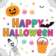 Fototapeta premium Happy halloween illustration with pumpkin skeleton and candy bucket