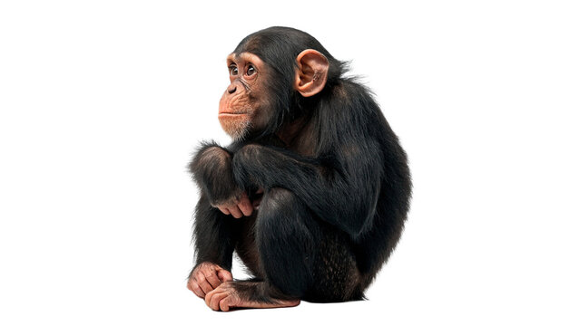 Wild chimpanzee monkey primate mammal animal sitting looking sideways isolated on a transparent background