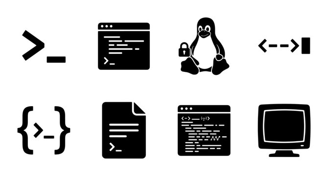 Coding Icons Set, Command Line Interface, Linux Penguin, Code Snippets, Computer Monitor, Programming Symbols, Software Development Elements, Technology Graphics