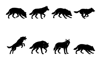 Obraz premium Wolf Silhouette Animation Sequence, Canine Animal Motion Graphics, Wild Predator Vector Art, Black and White Wildlife Icons