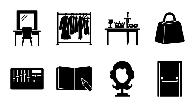Stage Props and Costume Icons: Dressing Table, Wardrobe Rack, Royal Regalia, Handbag, Sound Mixer, Script, Wig, Exit Door - Vector Graphics